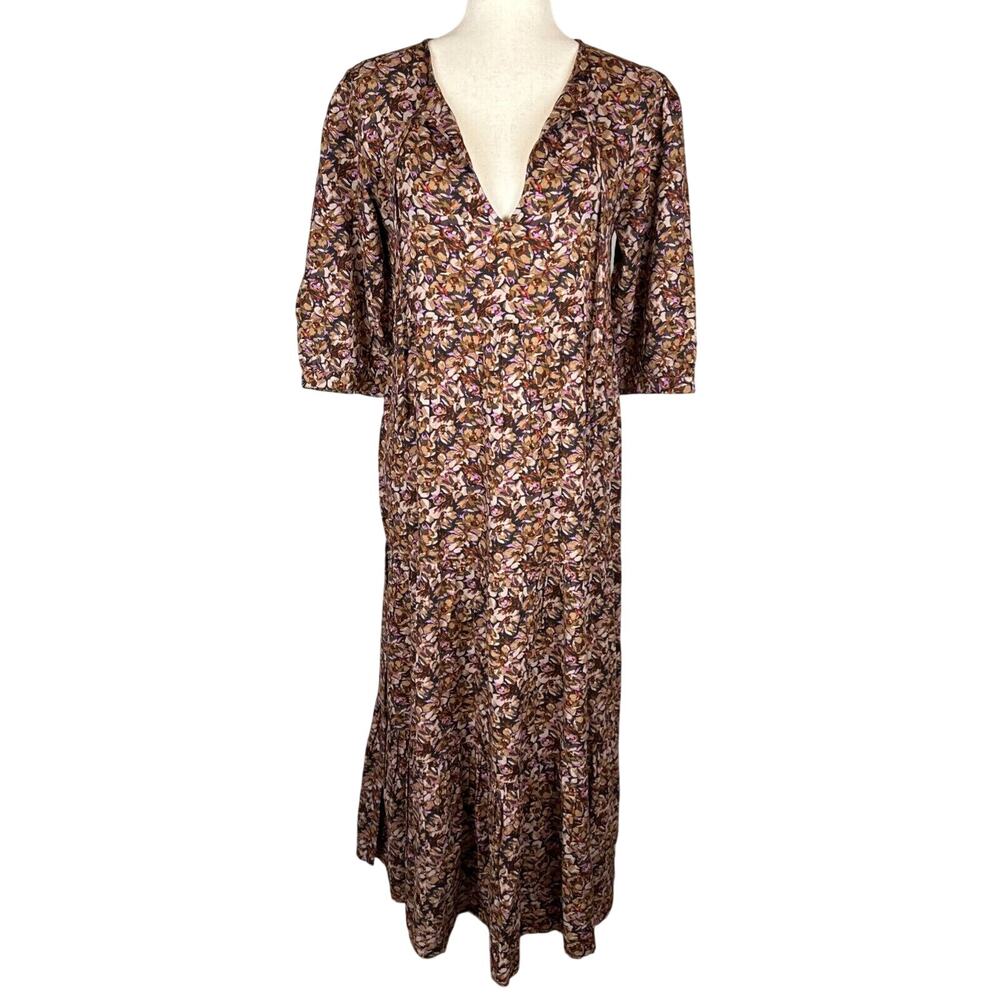 Natural Life Floral Print Boho Tiered Maxi‎ Dress Size XS/S Tie Neck 3/4 Sleeve